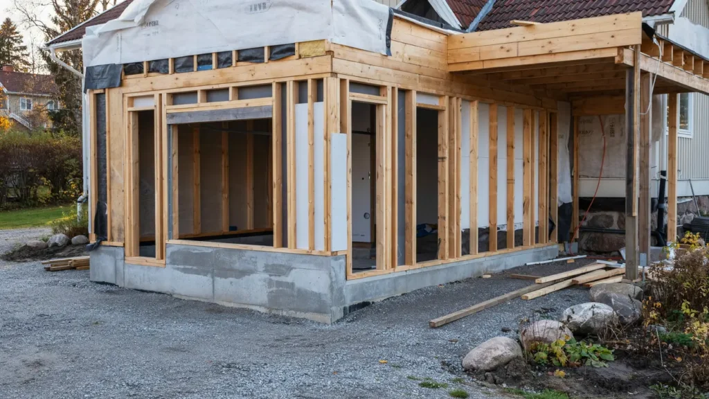 f rdigst llning av garagefront med grund och regelstomme i rydsg rd
